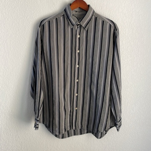 Tommy Bahama Silk Button Down Gray Stripe Long Sleeve Shirt Men’s Large - Picture 1 of 5